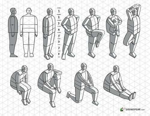 Nhân vật dựng từ khối hộp trên lưới isometric — tỉ lệ và tư thế
