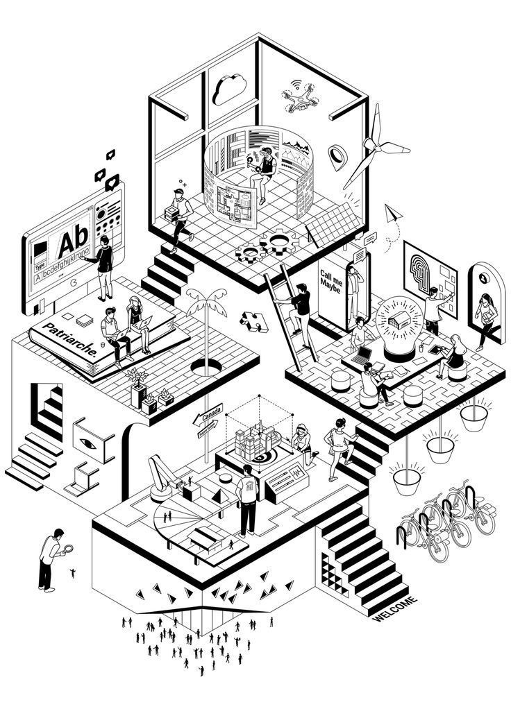 Minh họa isometric phức tạp — không gian nhiều tầng, đường song song
