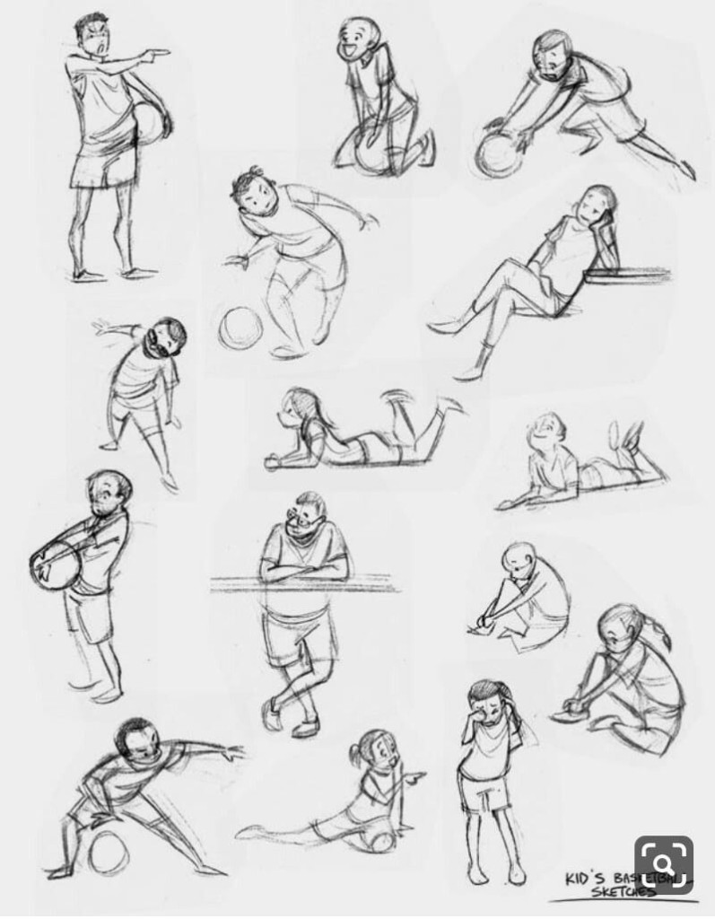 Nhiều phác croquis động trên một trang — bóng rổ, tư thế trẻ em