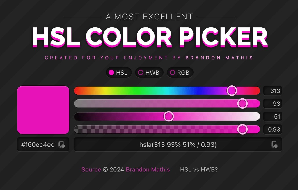 Color picker HSL — thanh trượt Hue, Saturation, Lightness